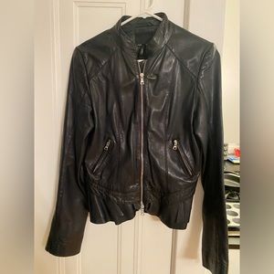 Marissa Webb Black Leather Jacket with ruffle hem